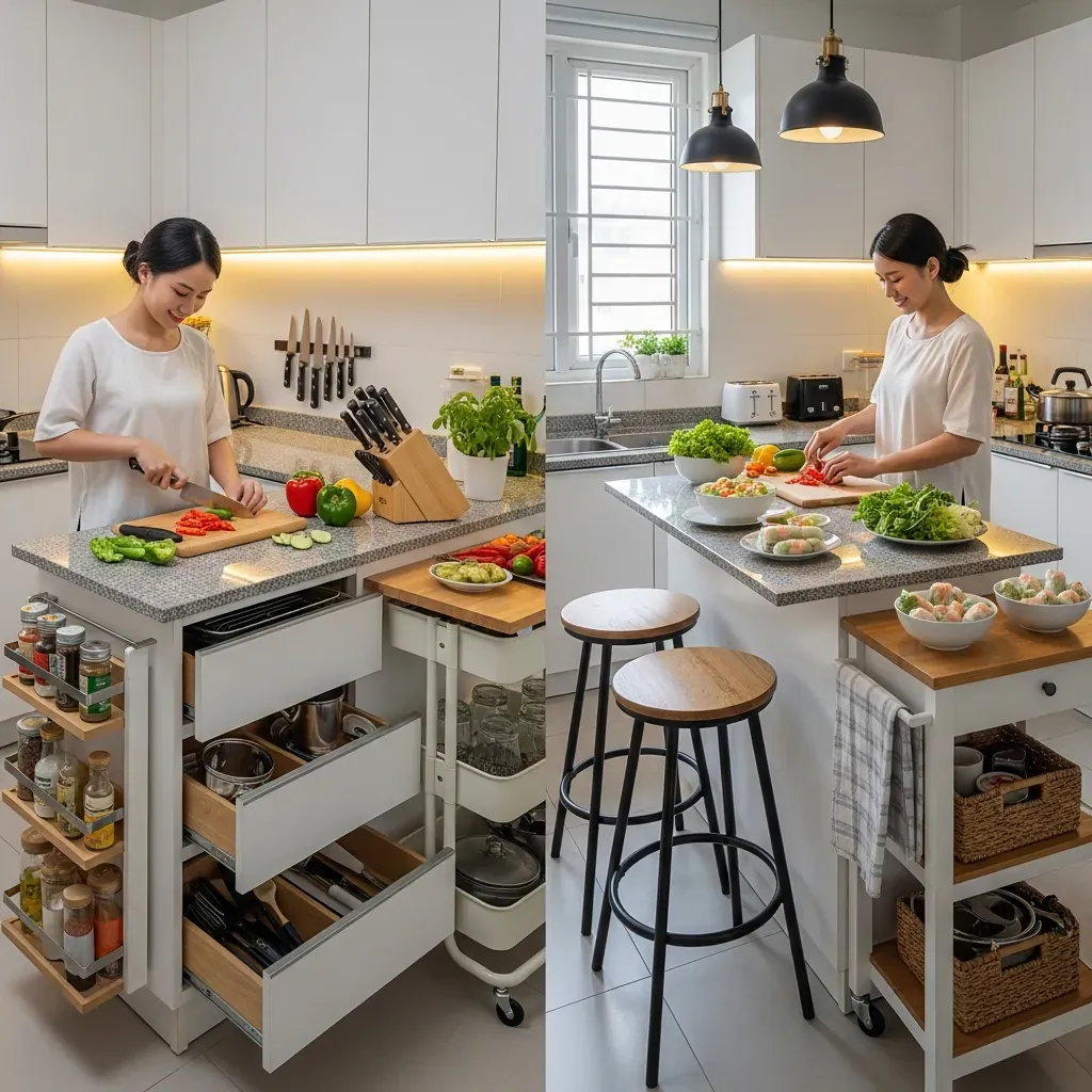 Bàn đảo bếp đa năng với khu vực sơ chế, ăn sáng và lưu trữ gọn gàng