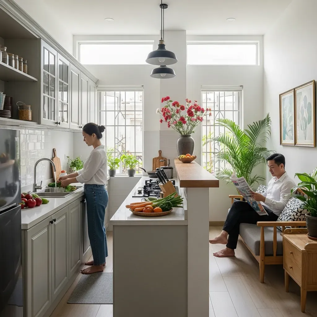 Bán đảo bếp trong căn nhà ống hẹp ngang, phân tách không gian