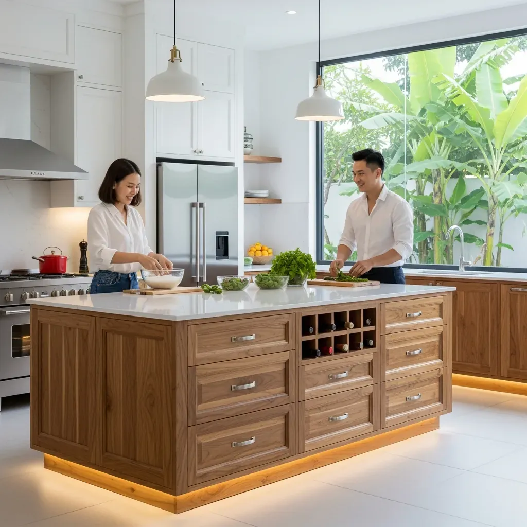 Bàn đảo cố định sang trọng với nhiều ngăn kéo trong bếp Việt