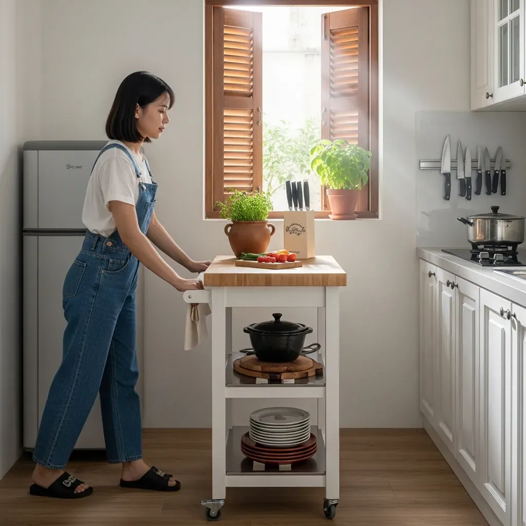 Bàn đảo di động có bánh xe trong căn bếp nhỏ kiểu Việt
