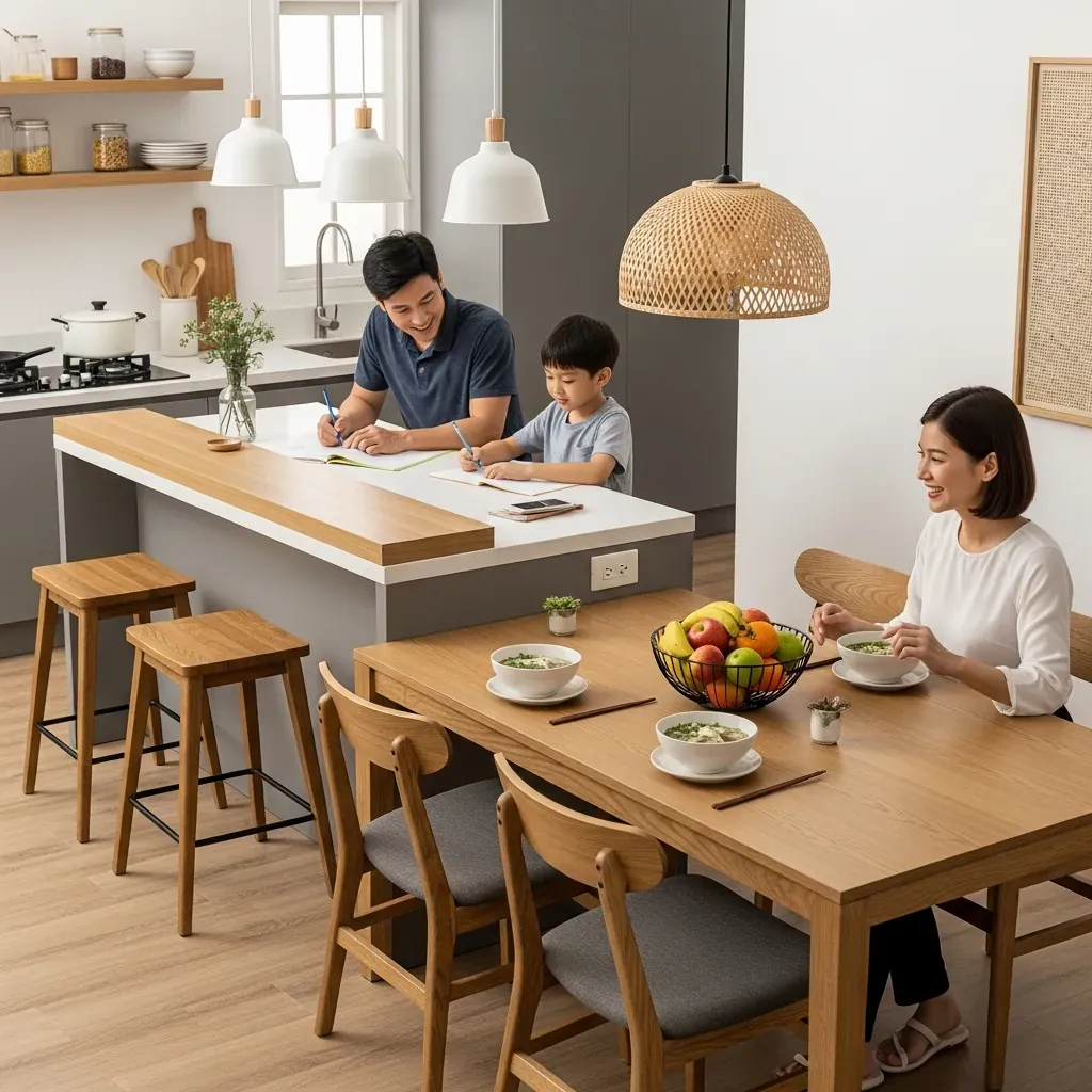 Bàn đảo kết hợp bàn ăn, cả nhà quây quần trong bếp Việt