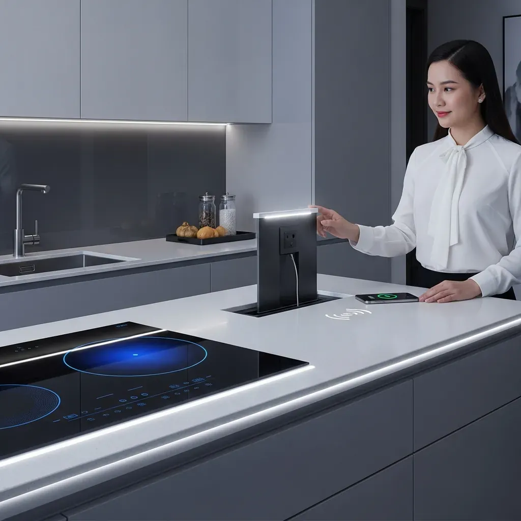 Bàn đảo thông minh với bếp từ âm và sạc không dây trong căn hộ cao cấp