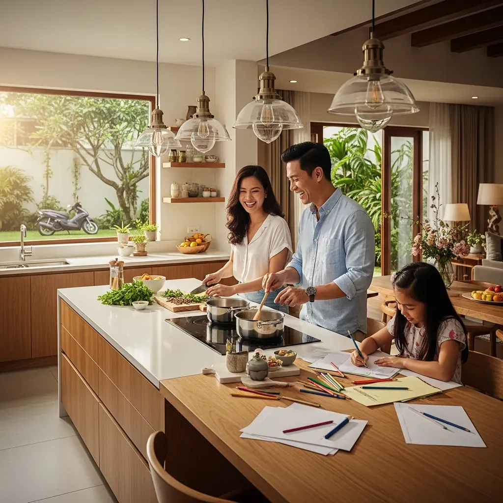 Gia đình Việt ba người quây quần bên bàn đảo bếp hiện đại