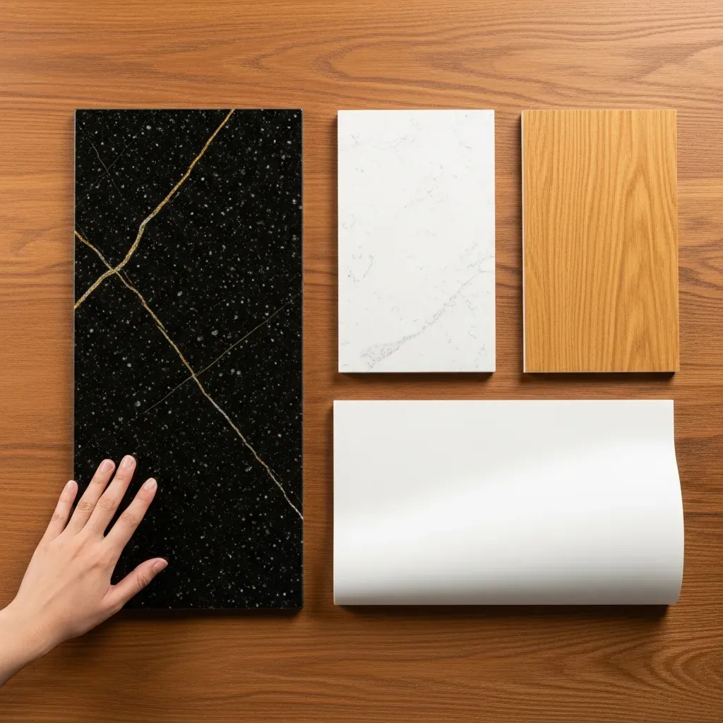 So sánh bốn chất liệu mặt bàn đảo: granite, thạch anh, gỗ công nghiệp, composite