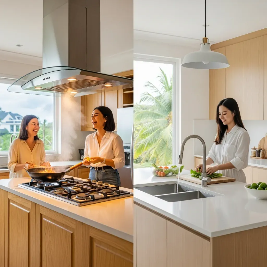 So sánh đảo bếp có bếp nấu và đảo chỉ có bồn rửa: hai triết lý thiết kế khác biệt