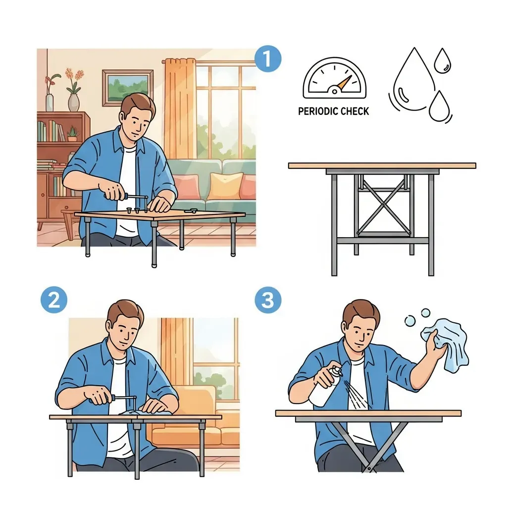 Các bước bảo trì bàn gấp gọn: siết ốc vít, tra dầu khớp và lau khô bề mặt