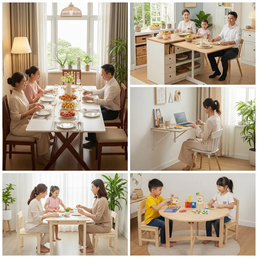 Các kiểu cấu hình bàn gấp gọn phù hợp từng kiểu nhà: bàn nới rộng, đảo bếp, gắn tường và bàn tròn