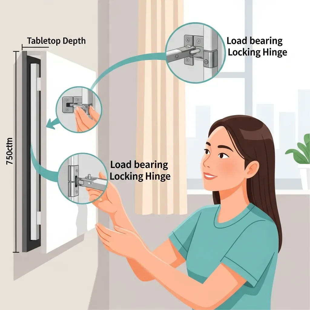 Người dùng kiểm tra thông số bản lề và bề rộng khi gập của bàn gấp gọn