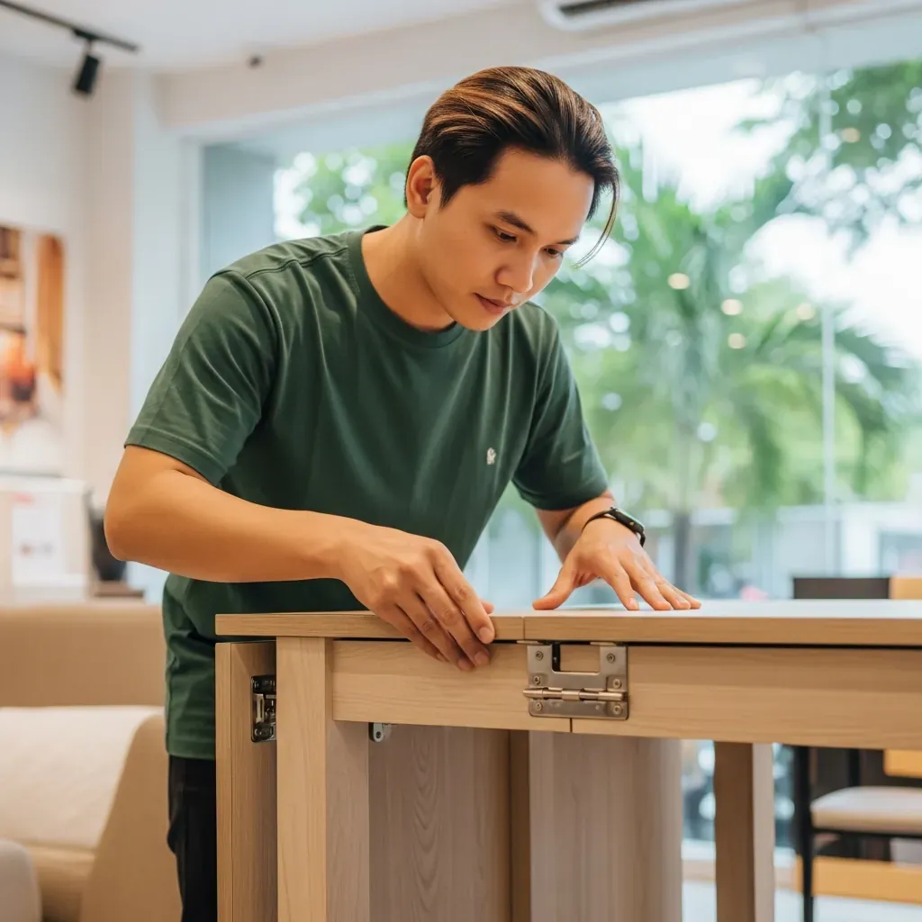 Người mua thử gập mở và lắc nhẹ chiếc bàn gấp gọn để kiểm tra chất lượng tại cửa hàng