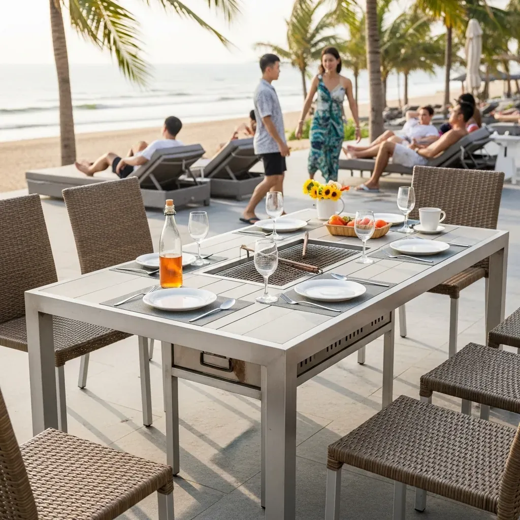Bàn nhôm đúc tích hợp bếp nướng BBQ tại resort ven biển Việt Nam