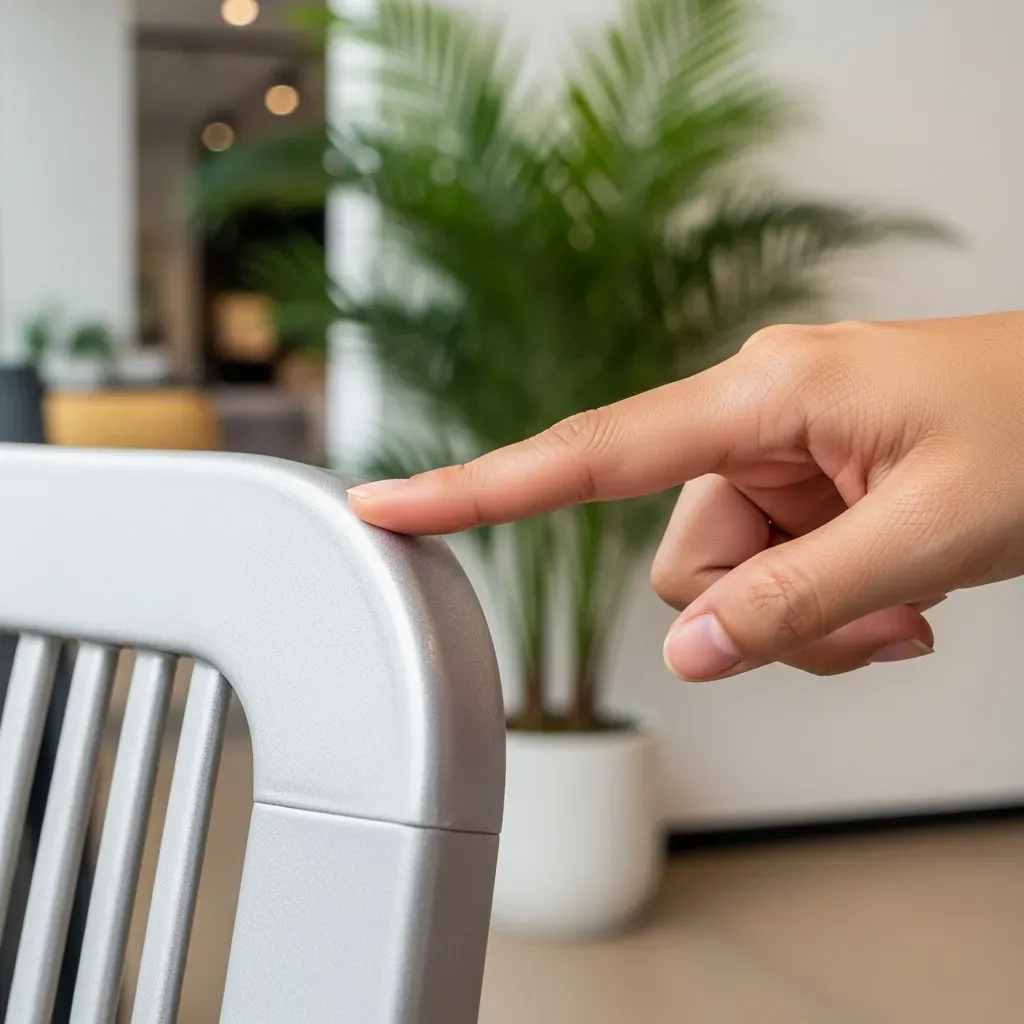 Bàn tay người Việt kiểm tra bề mặt và mép đúc của ghế nhôm đúc tại cửa hàng