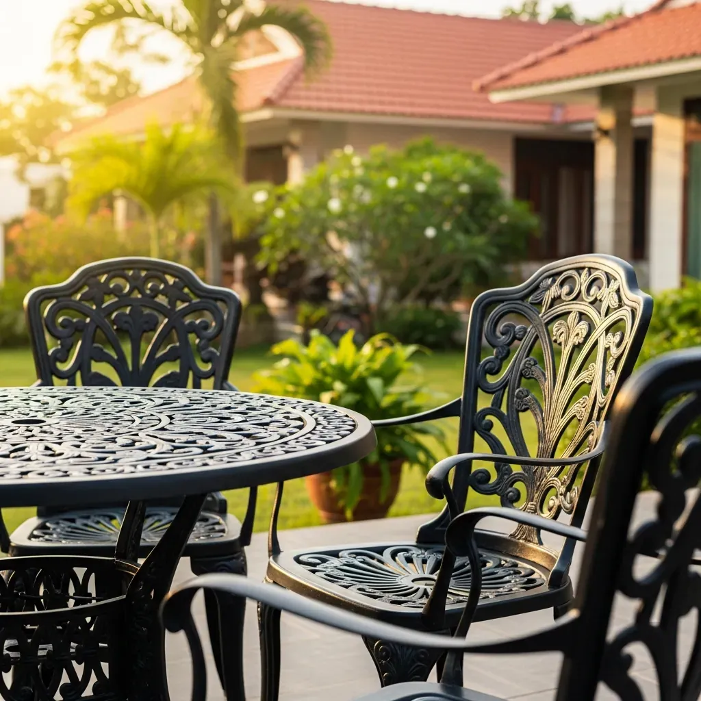Bộ bàn ghế nhôm đúc hoa văn tinh xảo đặt ở sân vườn biệt thự Việt Nam