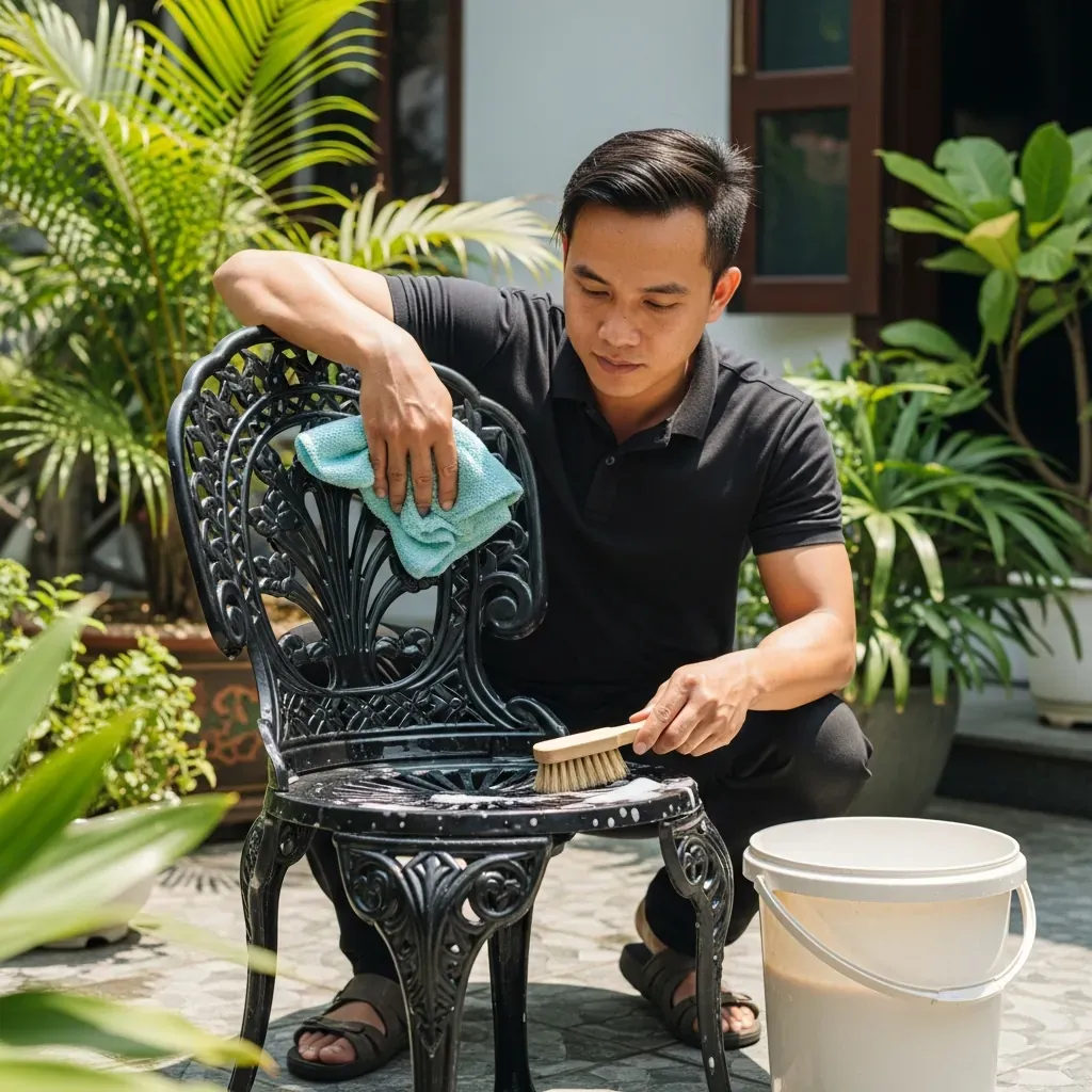 Người Việt vệ sinh bộ bàn ghế nhôm đúc bằng khăn mềm và nước xà phòng