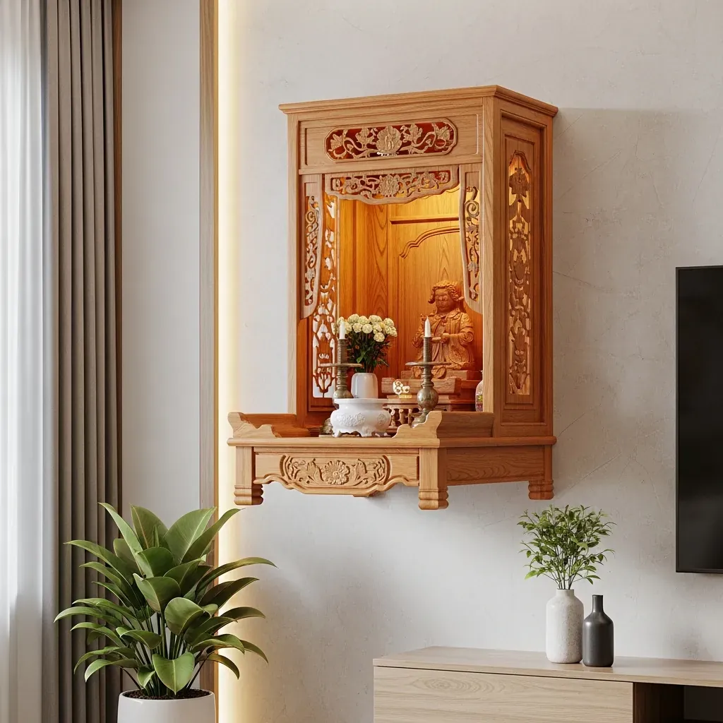 Bàn thờ treo tường gỗ gắn trên mảng tường trang trọng phía trên kệ tivi trong căn hộ Việt Nam