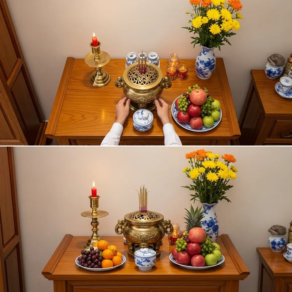 Cách bài trí bát hương ở trung tâm và vật phẩm thờ trên bàn thờ treo