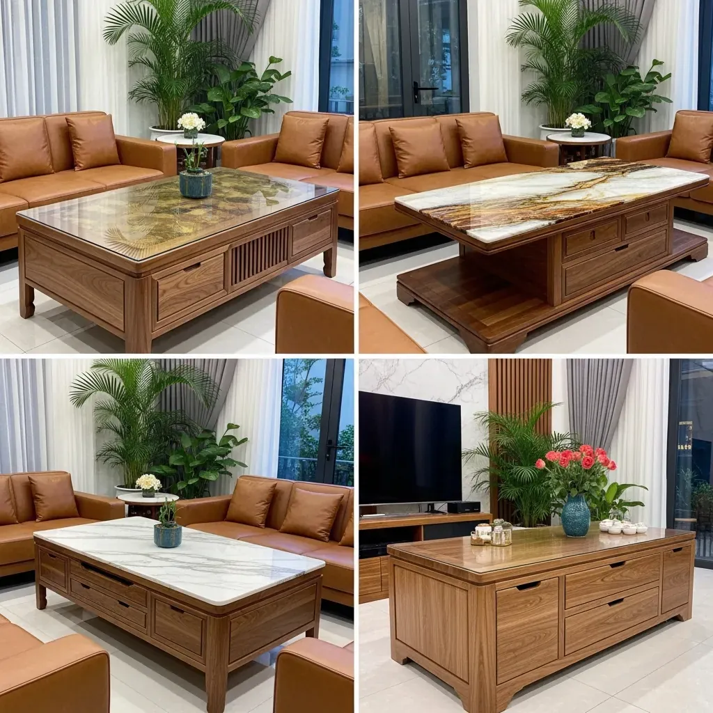 Các kiểu mặt bàn trà gỗ óc chó phù hợp với không gian phòng khách