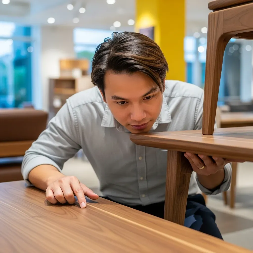 Người mua kiểm tra bàn trà gỗ óc chó bằng bốn giác quan tại showroom