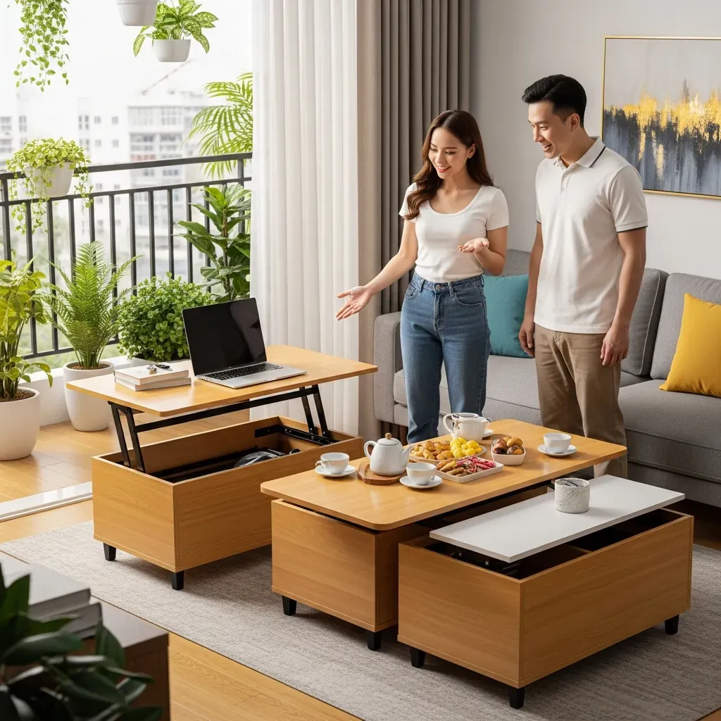 Ba kiểu bàn trà thông minh trong phòng khách căn hộ nhỏ của người Việt.