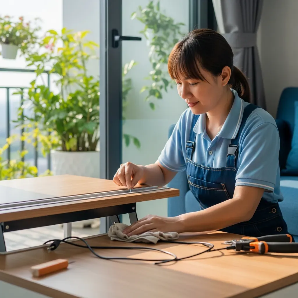 Người dùng đang vệ sinh và bảo dưỡng bàn trà thông minh trong căn hộ Việt.