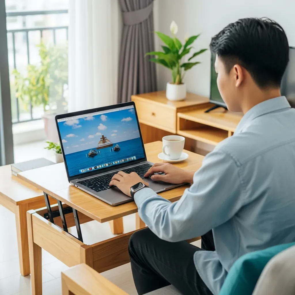 Người trẻ Việt làm việc ngắn hạn bằng laptop trên bàn trà nâng hạ.