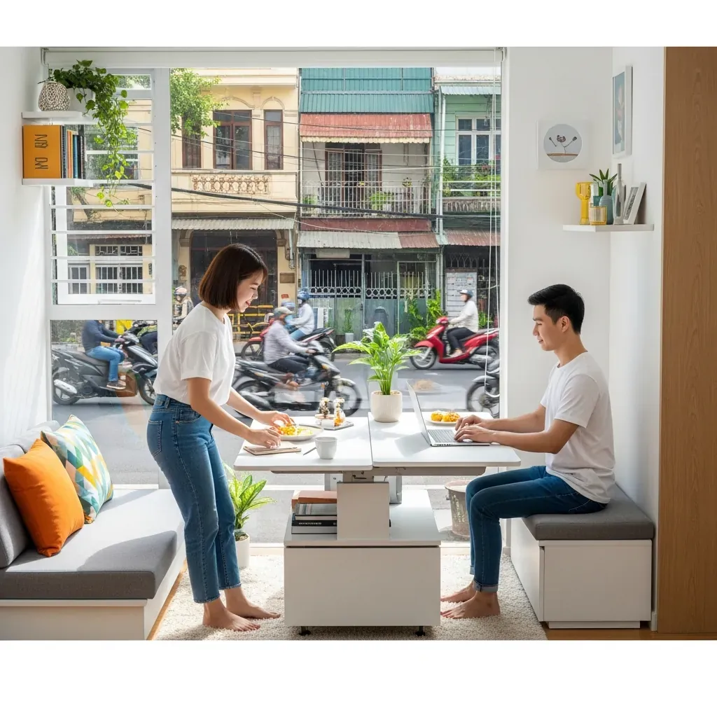 Phòng khách nhỏ trong căn hộ Việt dùng một bàn cho nhiều mục đích.