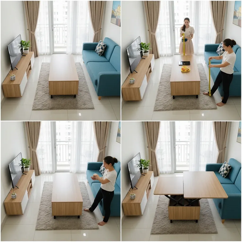 So sánh bàn trà thông minh khi đóng và khi mở trong phòng khách nhỏ.