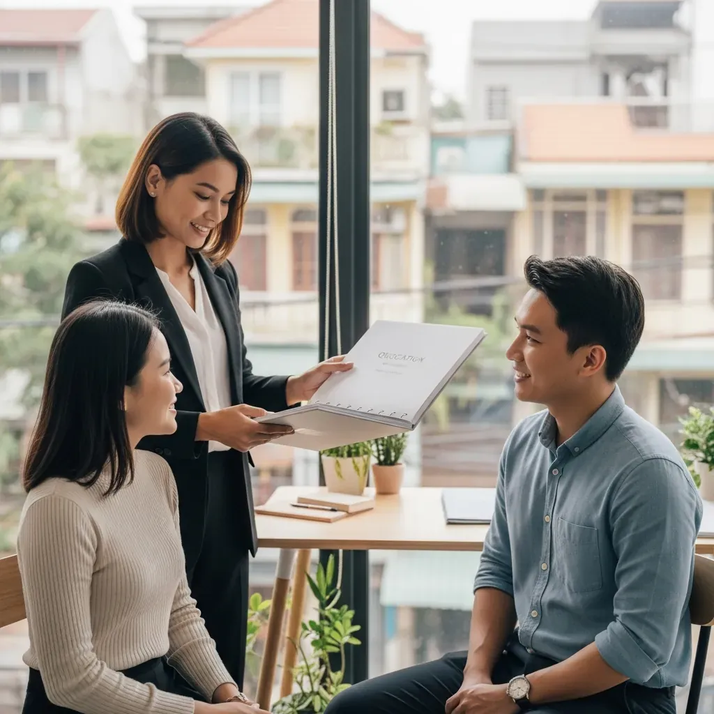 Kiến trúc sư người Việt trao tập báo giá thiết kế cho cặp vợ chồng trẻ trong văn phòng ngập ánh sáng.
