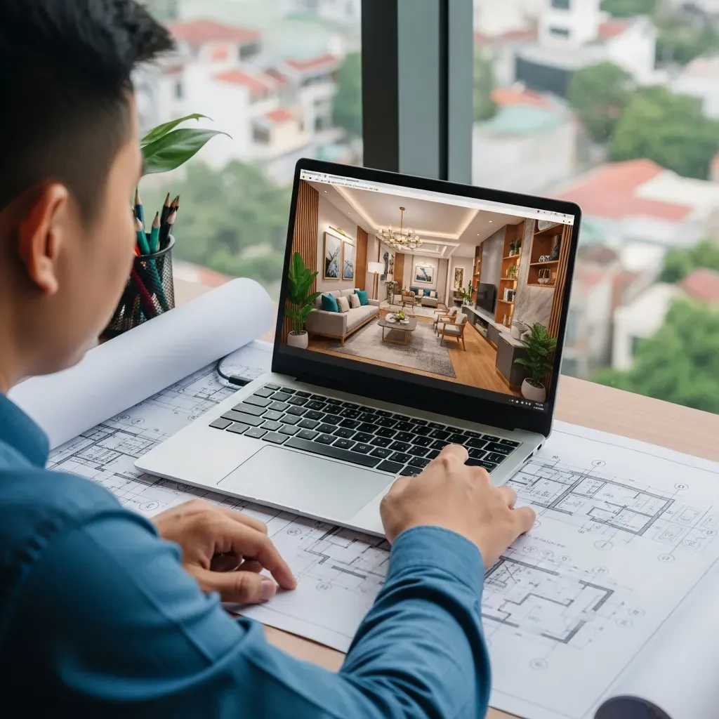Kiến trúc sư Việt ngồi bên laptop hiển thị phối cảnh 3D, tay chỉ vào bản vẽ kỹ thuật in trên bàn.