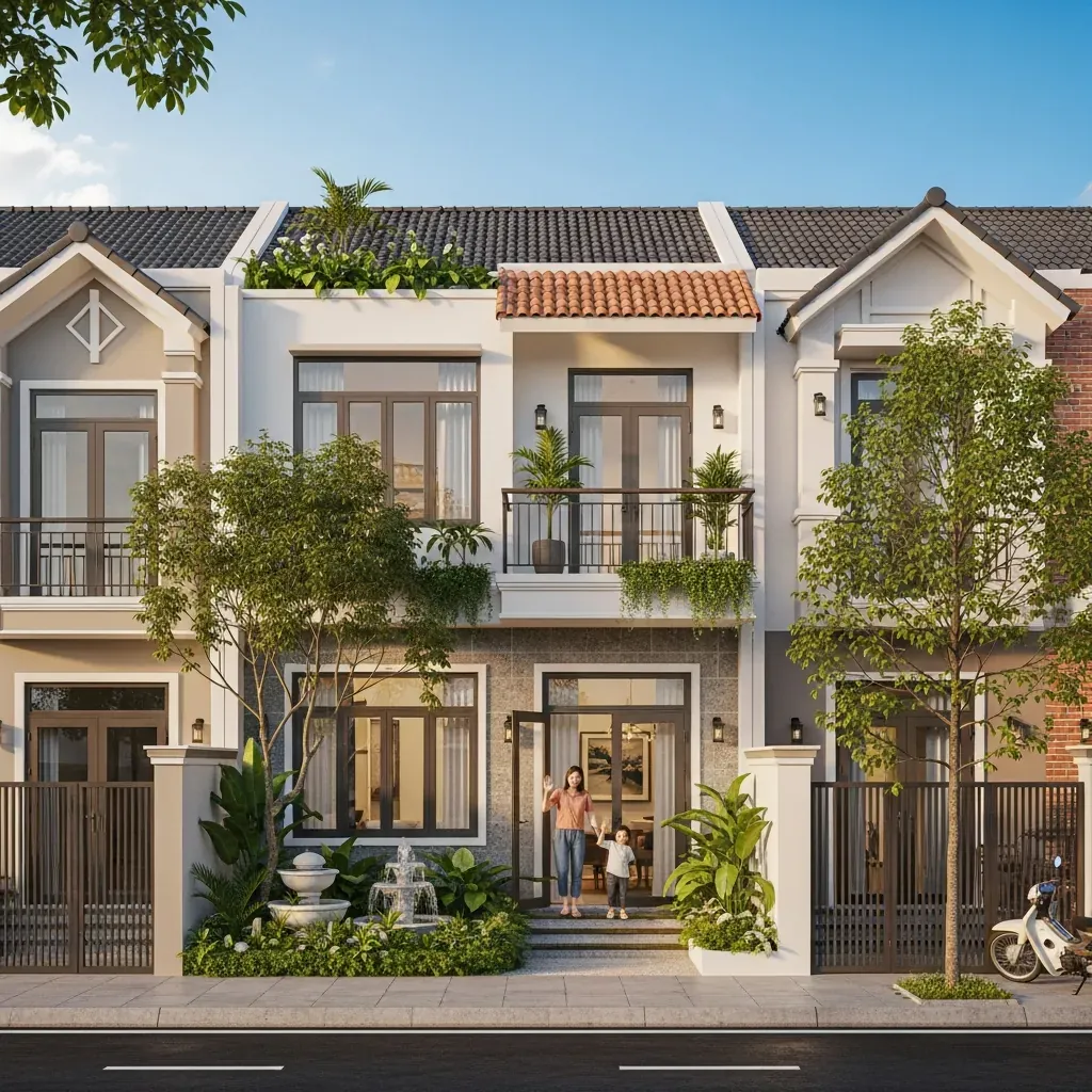 Nhà hai tầng kiểu Việt hiện đại, mẹ và bé đứng trước cổng, khu vườn nhỏ xanh mát.