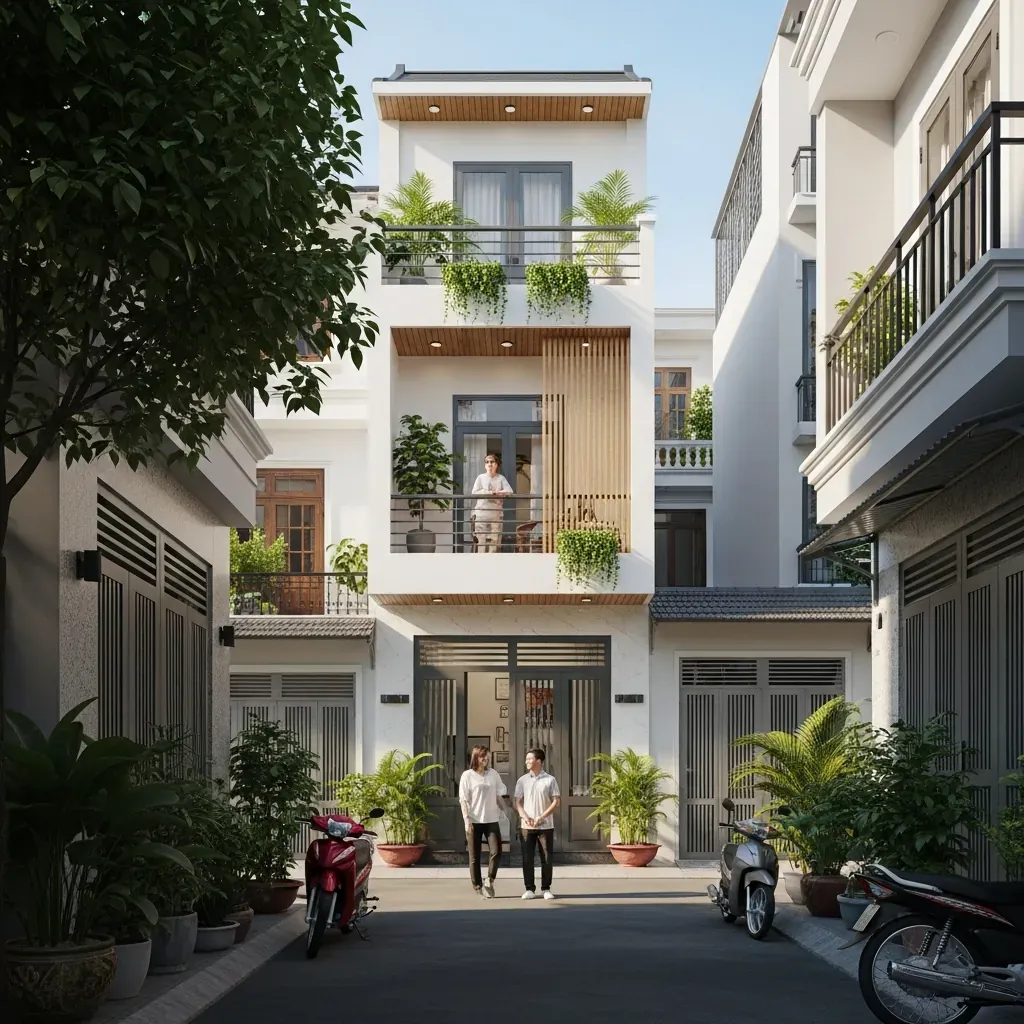 Nhà phố ống Việt Nam hiện đại trong hẻm Hà Nội, cặp đôi đứng trước cửa với xe máy.