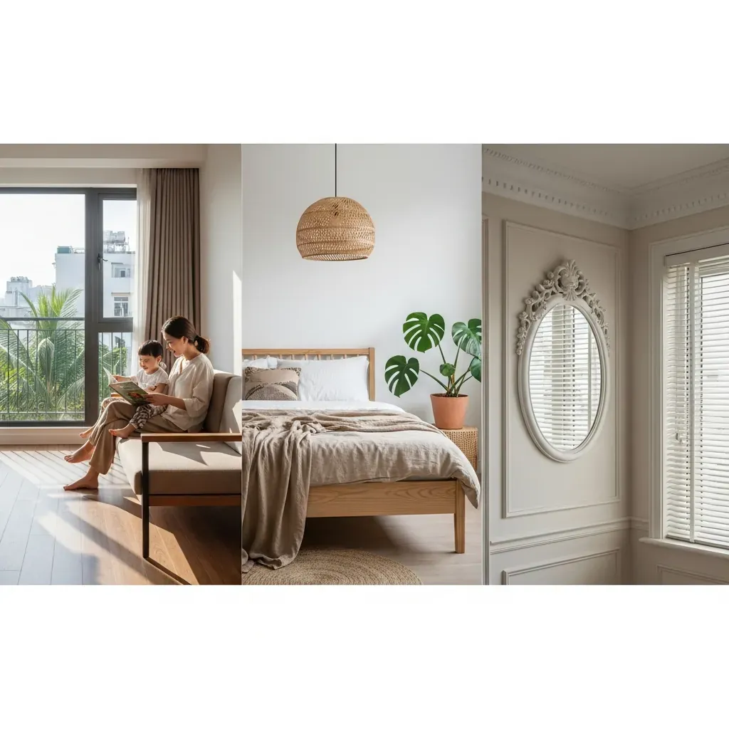 Ảnh ghép ba phong cách nội thất phổ biến tại Việt Nam: hiện đại, Bắc Âu và tân cổ điển, không chứa chữ hay số.