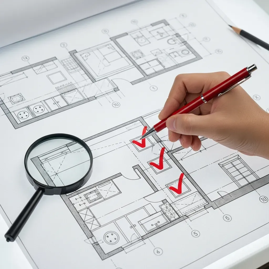 Bản vẽ kỹ thuật nội thất với các dấu kiểm tra đỏ tượng trưng cho hạng mục bắt buộc, không chứa chữ.
