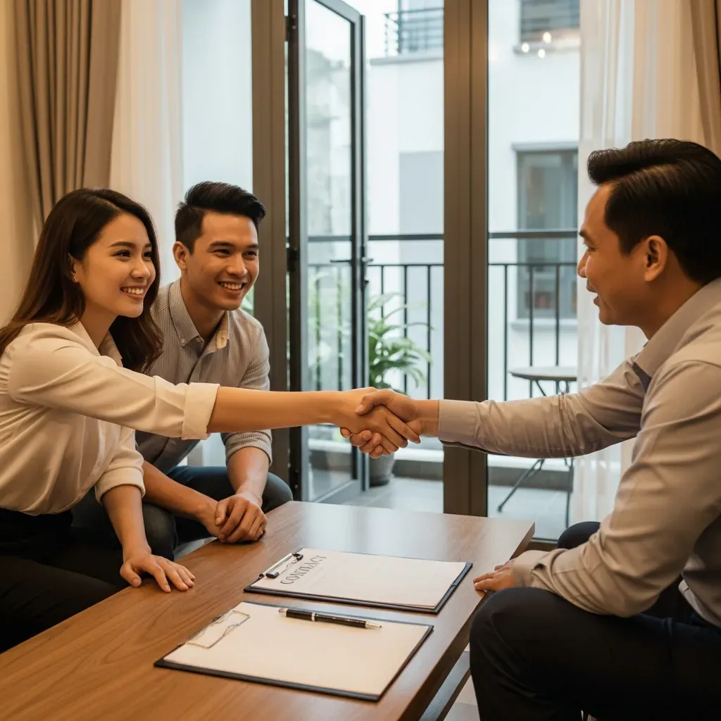 Cặp đôi người Việt bắt tay nhà thầu bên hợp đồng trắng không chữ, khung cảnh căn hộ nhiệt đới.