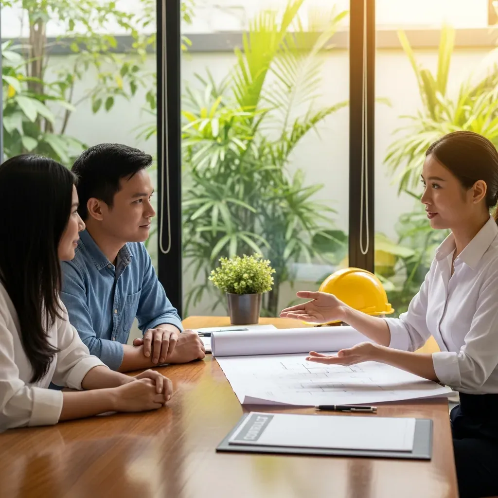 Cặp đôi người Việt trao đổi với nữ kiến trúc sư bên bàn làm việc, tài liệu không có chữ.