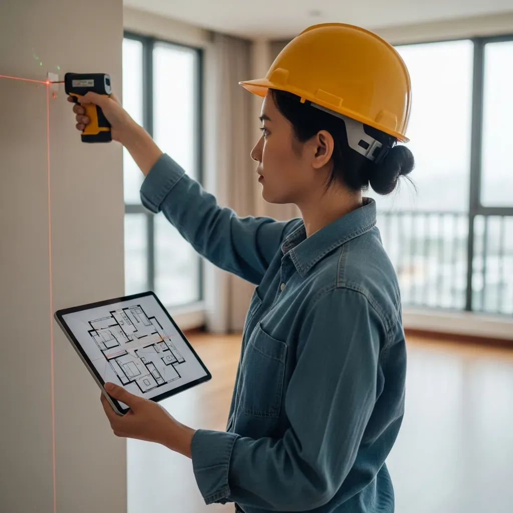 Kiến trúc sư người Việt đang đo đạc căn hộ trống, máy tính bảng hiển thị sơ đồ mặt bằng không chữ.