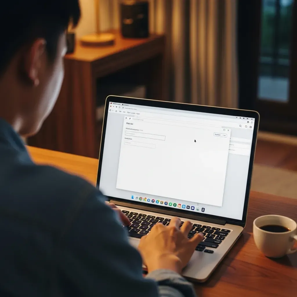 Người đàn ông Việt soạn email yêu cầu báo giá trên laptop, màn hình trống không chữ.