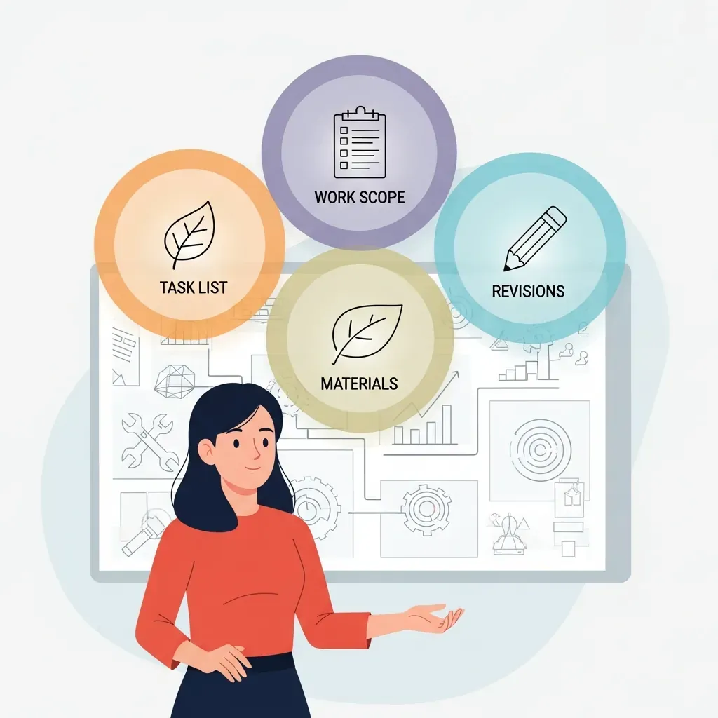 Người phụ nữ Việt đứng trước bảng kỹ thuật với ba vòng tròn nổi bật: phạm vi, vật liệu, chỉnh sửa, không chữ.