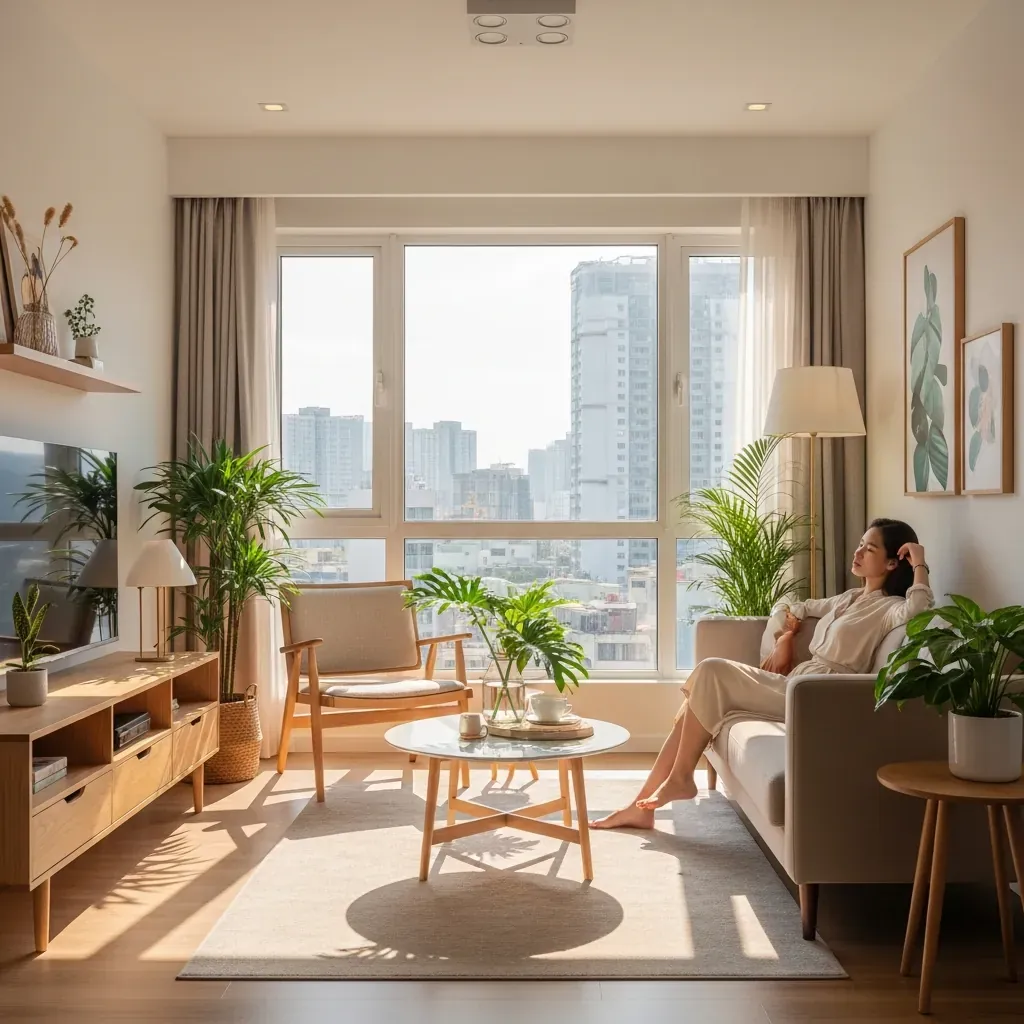 Phòng khách chung cư hiện đại kiểu Việt Nam, cô gái thư giãn trên sofa, ánh nắng tràn ngập.