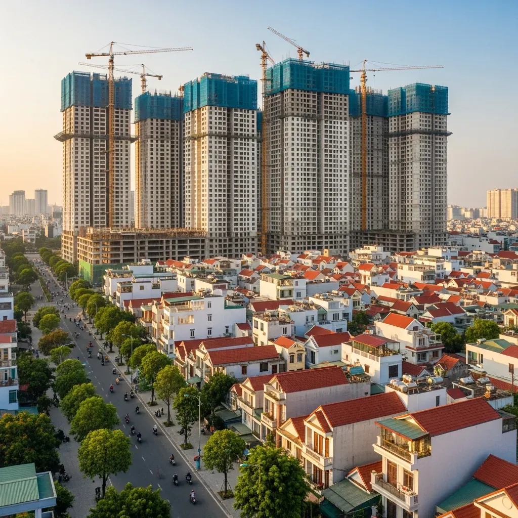 Quang cảnh thành phố Việt Nam từ trên cao với chung cư mới, nhà ống và dòng xe máy.