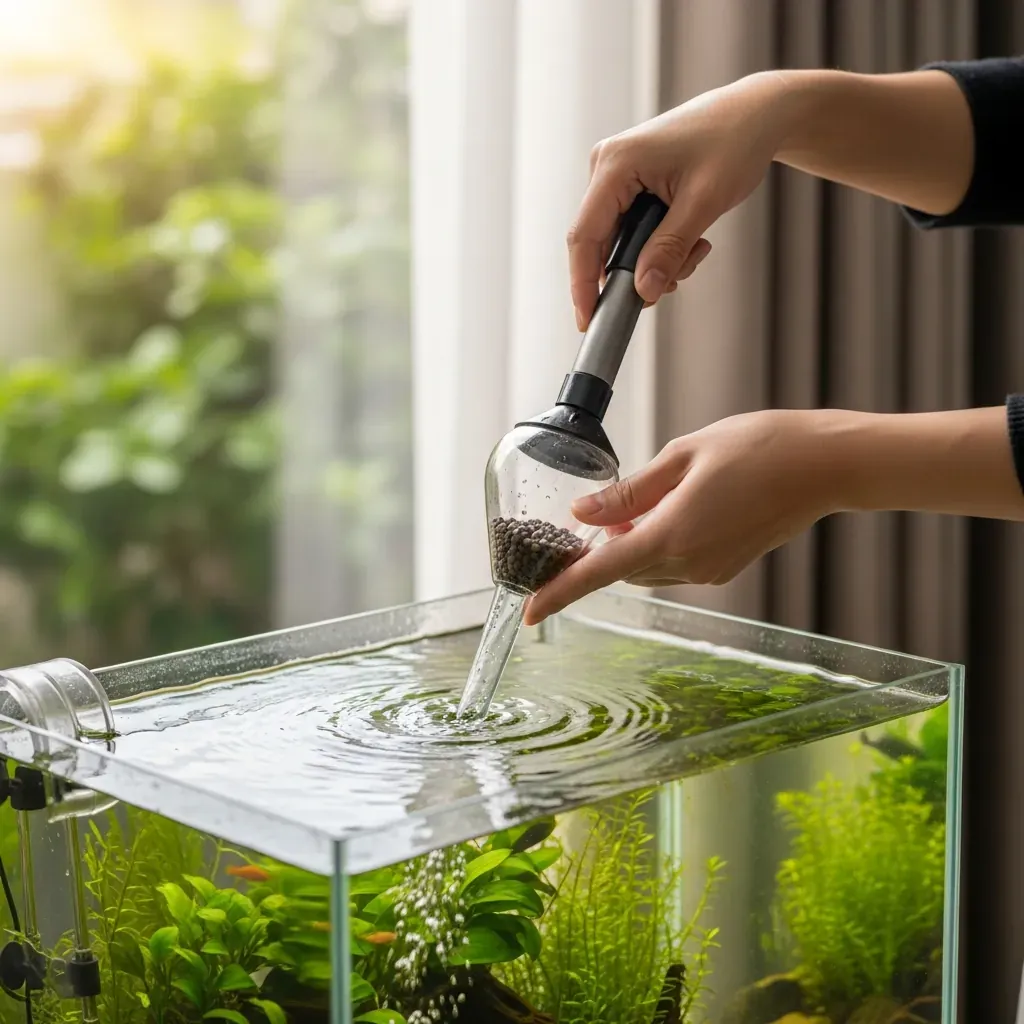 Bàn tay dùng ống hút cặn thay nước cho bể cá mini