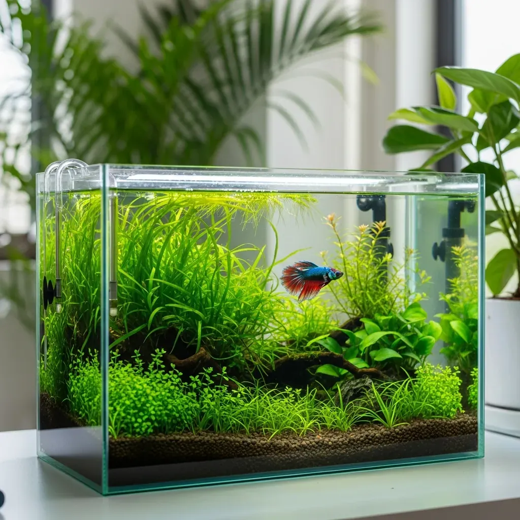 Bể cá mini khoảng 10 lít với cây thủy sinh xanh và nước trong