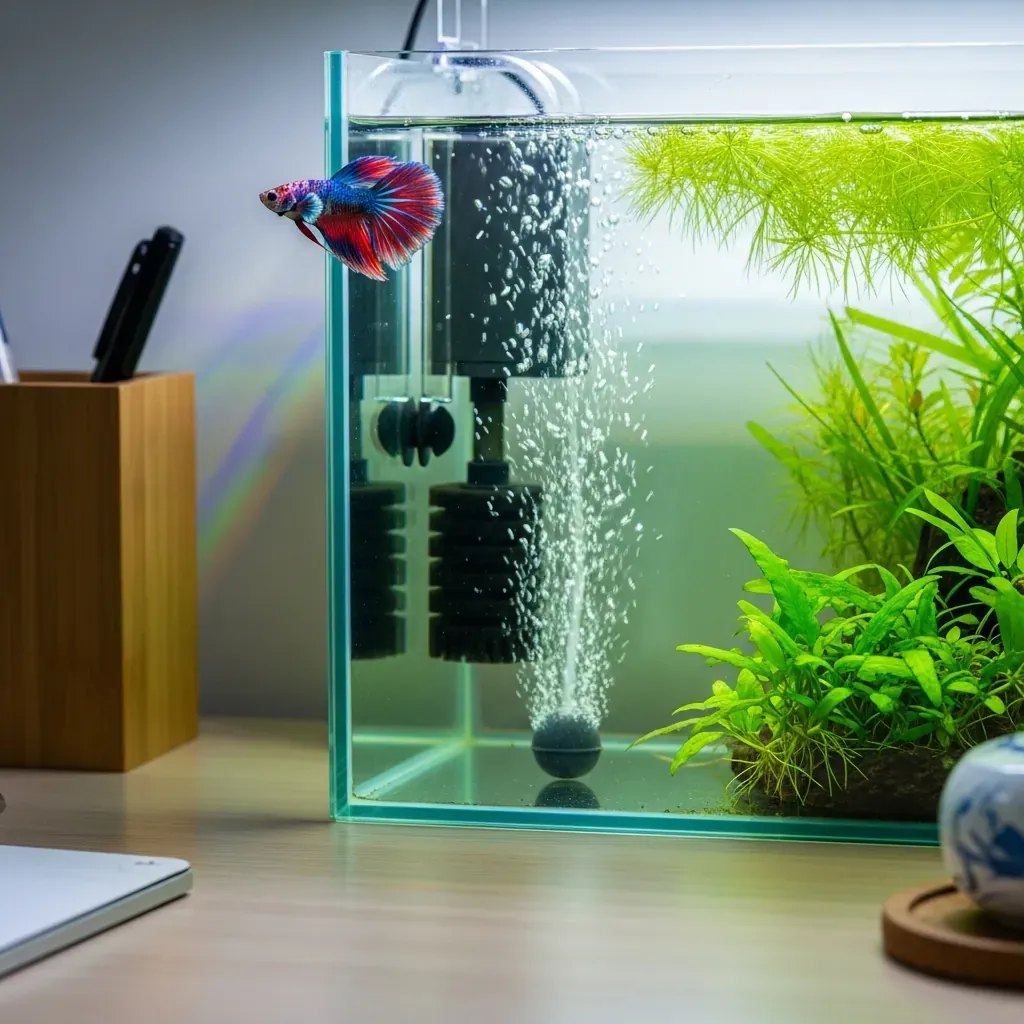 Bể cá mini với máy lọc và bọt khí sủi oxy