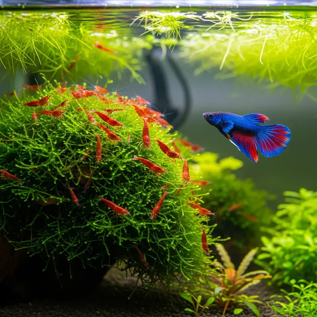 Đàn tép Neocaridina màu đỏ và cam cùng cá Betta trong bể thủy sinh