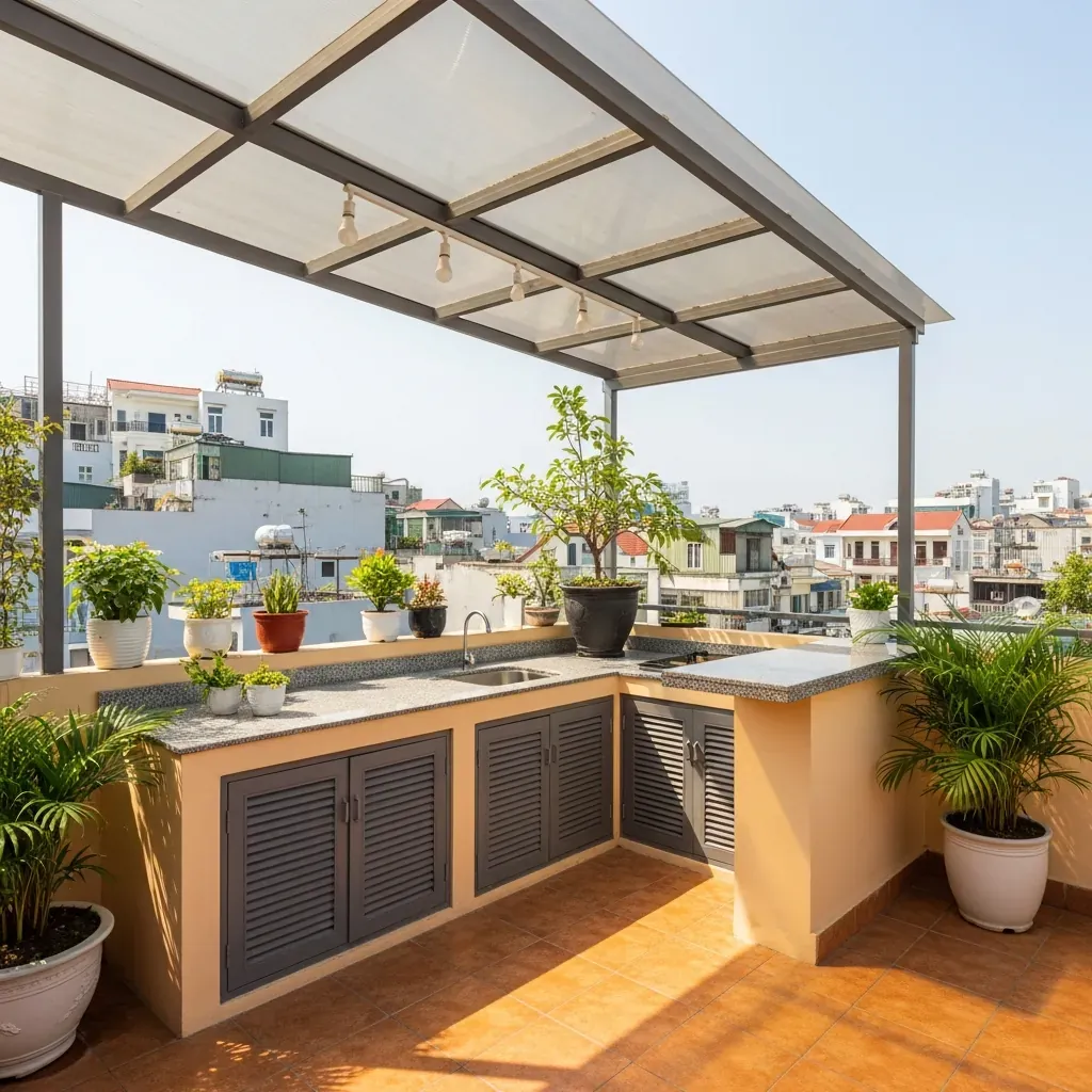 Bếp built-in cố định trên sân thượng nhà phố với quầy bar và mái che
