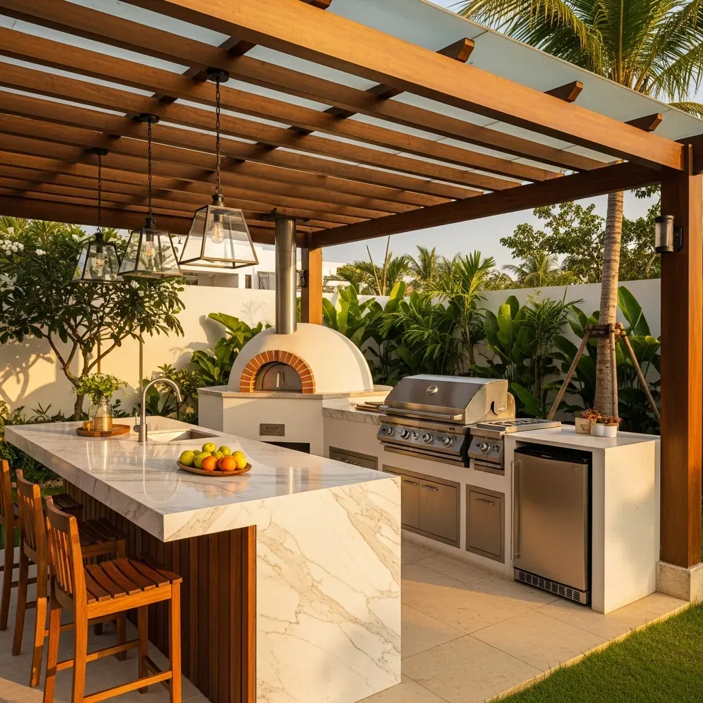 Bếp ngoài trời cao cấp có đảo bếp, lò pizza và pergola trong biệt thự sân vườn