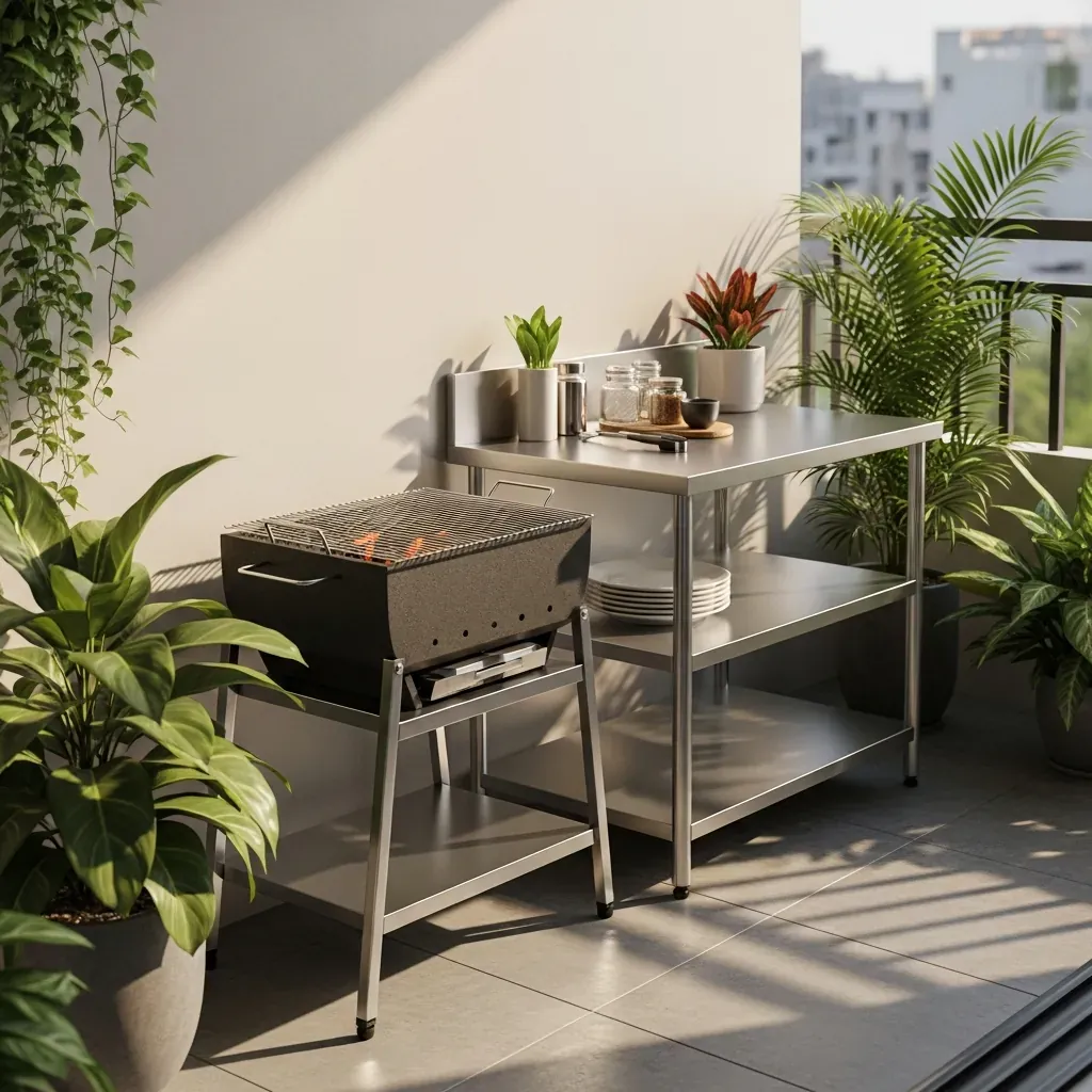 Bếp ngoài trời dạng chữ I áp tường với bếp nướng BBQ than và bàn inox trên hiên nhà phố
