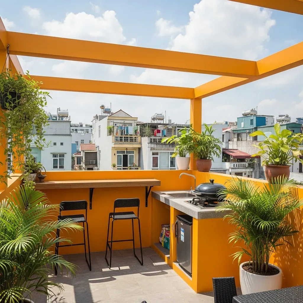 Sân thượng nhỏ dưới 15m² vẫn làm được bếp built-in kèm quầy bar