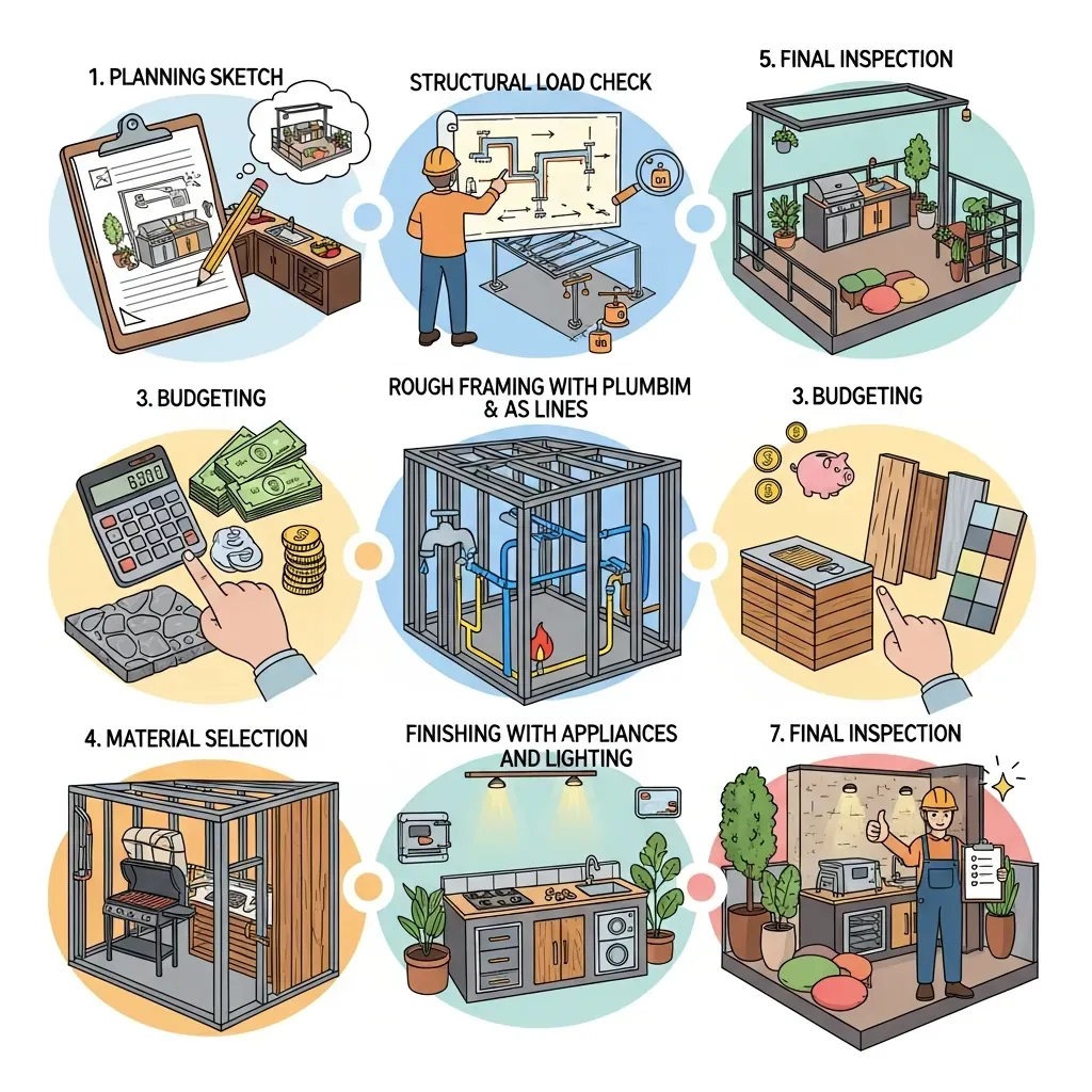 Sơ đồ bảy bước thi công bếp ngoài trời tuần tự