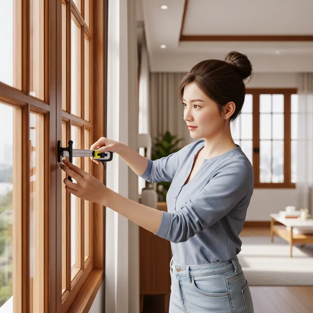 Người phụ nữ Việt Nam đo cửa sổ bằng thước dây kim loại