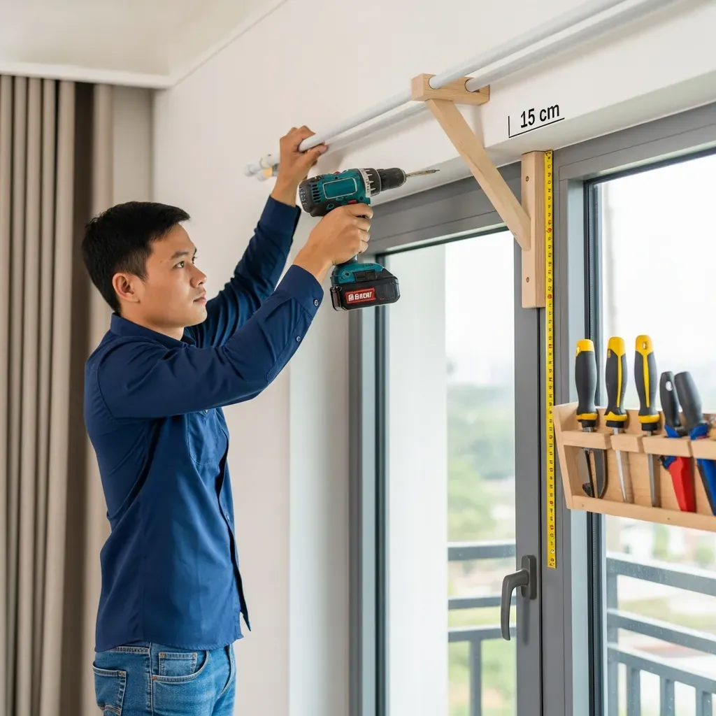 Thợ lắp đặt thanh treo rèm đúng cách